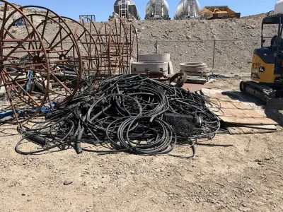 Large industrial cable reels staged in a desert recycling yard
